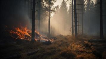 forêt Feu dans le forêt. le concept de catastrophe et écologie, brûlage sec herbe et des arbres dans le forêt photo