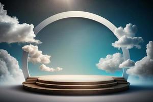 réaliste blanc duveteux des nuages dans produit podium. 3d rendu géométrique forme ciel nuage bleu pastel photo