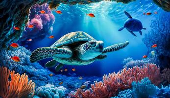 coloré tropical poisson et tortue la vie dans le corail récif, animaux de le sous-marin mer monde, génératif ai photo