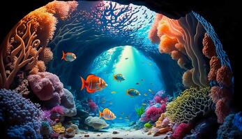 coloré tropical poisson la vie dans le corail récif dans la grotte en dessous de l'eau mer monde, génératif ai photo