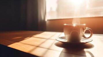 tasse de café sur une en bois table ai généré photo