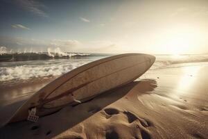 planche de surf sur le plage avec plage signe pour surfant zone. Voyage aventure et l'eau sport. relaxation et été vacances concept. ancien Couleur Ton image.generative ai photo