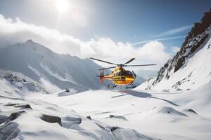 médical porter secours hélicoptère atterrissage dans neigeux montagnes. établi avec génératif ai photo