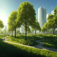paysage vue de futur ville avec éco vert parc, génératif art par ai photo