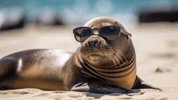 mer Lion sur le plage avec des lunettes de soleil ai généré photo