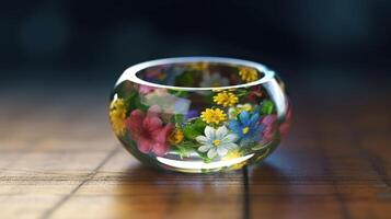 verre bague avec fleurs à l'intérieur ai généré photo