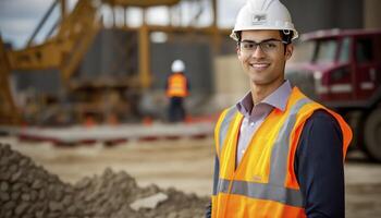 une magnifique souriant Jeune Masculin ingénieur dans de face de une floue construction Contexte ai génératif photo