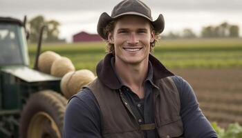 une magnifique souriant Jeune Masculin agriculteur dans de face de une ferme Contexte ai généré photo