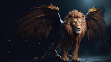 Lion avec ailes dans le nuit ai généré photo