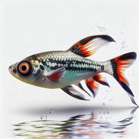 un ultra réaliste arlequin rasbora poisson cette sauts par éclabousser sur une blanc Contexte ai généré photo