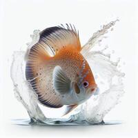 un ultra réaliste disque poisson cette sauts par éclabousser sur une blanc Contexte ai généré photo