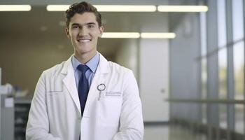 une magnifique souriant Jeune Masculin médecin dans de face de une floue blanc hôpital laboratoire Contexte ai généré photo