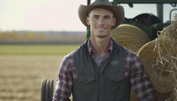 une magnifique souriant Jeune Masculin agriculteur dans de face de une ferme Contexte ai généré photo