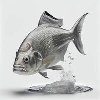 un ultra réaliste argent dollar poisson cette sauts par éclabousser sur une blanc Contexte ai généré photo