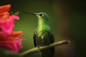 portrait de une vert colibri sur une fleur établi avec génératif ai technologie. photo