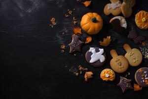 Haut vue sur effrayant Halloween biscuits sur une foncé Contexte établi avec génératif ai technologie. photo