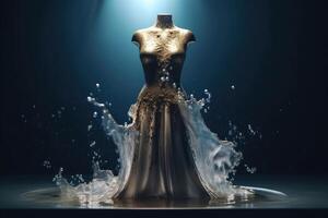 un élégant robe fabriqué de sauvage l'eau sur une mannequin établi avec génératif ai technologie. photo