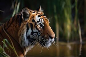 une fort tigre dans le haute herbe à une rivière établi avec génératif ai technologie. photo