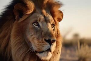 portrait de une fort Masculin Lion avec le africain savane dans le Contexte établi avec génératif ai technologie. photo