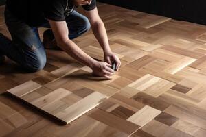 une artisan pose parquet sol établi avec génératif ai technologie. photo