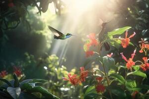 nombreuses colibris bourdonnant autour fleurs dans une jungle établi avec génératif ai technologie. photo