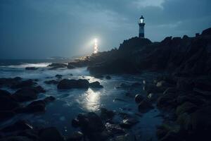 longue exposition de une rocheux côte avec une phare sur il établi avec génératif ai technologie. photo