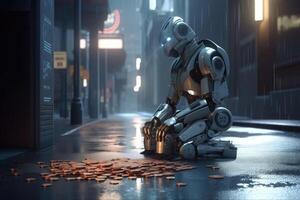 une sans abri ai robot séance sur une rue coin mendicité pour une peu pièces de monnaie établi avec génératif ai technologie. photo