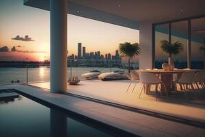 une balcon avec une nager bassin et le coucher du soleil voir, génératif ai photo