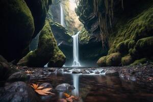 une cascade dans le milieu de une forêt, génératif ai photo