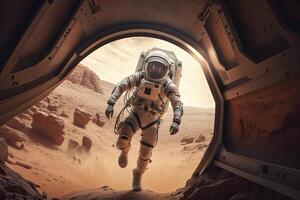 astronaute en marchant sur Mars. génératif ai photo