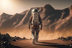 astronaute en marchant sur Mars. génératif ai photo