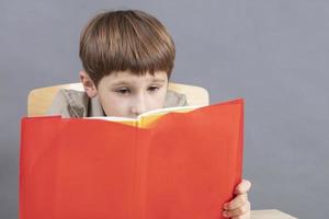 le enfant à le table est Faire devoirs. une primaire école étudiant lit une cahier de texte. photo