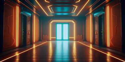 futuriste sci Fi néon lumière embrasé à l'intérieur vaisseau spatial tunnel pièce étape salle. génératif ai illustration. photo