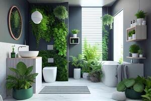 une moderne confortable salle de bains intérieur décoré avec vert les plantes. génératif ai. numérique art illustration photo