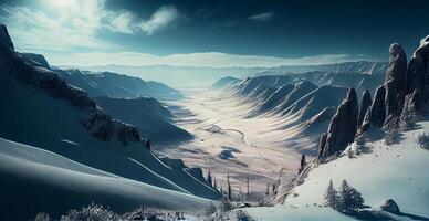 hiver panorama neigeux montagnes, enneigé pics - ai généré image photo