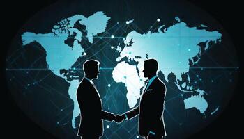 deux homme d'affaire investisseur poignée de main avec effet global monde carte réseau lien connexion. génératif ai photo