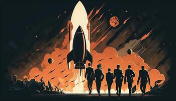 affaires concept illustration de groupe de homme d'affaire en marchant vers une fusée, début en haut affaires concept. génératif ai photo