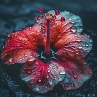 hibiscus fleur tête avec l'eau gouttes, établi avec génératif ai photo