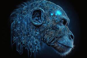 neural réseau de une chimpanzé cerveau avec gros Les données et artificiel intelligence circuit planche dans le tête de une bleu canin, décrivant concepts de une numérique cerveau, ordinateur. ai généré photo