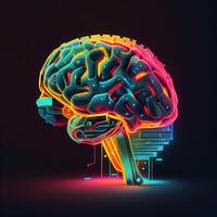 futuriste Créatif cerveau avec néon coloré lumière. génératif ai illustration photo