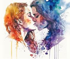 ai génératif aquarelle illustration de deux gay femmes embrasser, une couple dans l'amour photo