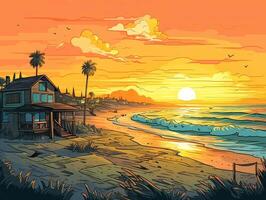 illustration de mer paysage été plage avec palmiers, bateau, horizon à le coucher du soleil. artoon style illustration pour t chemise conception. génératif ai. photo
