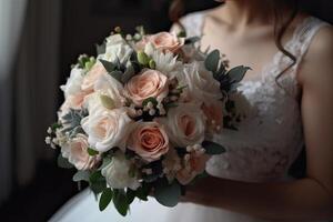 la mariée en portant sa mariage bouquet. mariage bouquet dans de la mariée mains. génératif ai photo