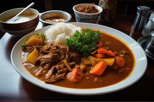 Japonais ordinaire curry riz patates, carottes, oignons et du boeuf dans épicé Jaune curry servi avec à la vapeur riz. génératif ai photo