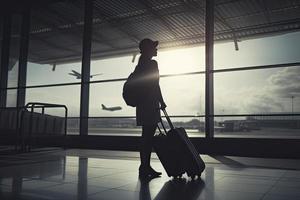 Voyage concept, gens dans le les aéroports ,silhouette de Jeune fille avec bagage en marchant à aéroport, femmes montrant quelque chose par le fenêtre, sélective mise au point, millésime Ton Couleur photo