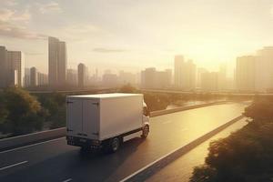 arrière angle vue de livraison un camion courir sur le route avec lever du soleil paysage urbain, rapide livraison, fret la logistique photo