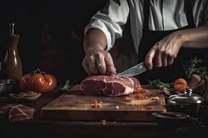 cuisinier coupes Viande avec une couteau dans le cuisine prépare aliments. des légumes et épices sur le cuisine table dans une restaurant à préparer une délicieux le déjeuner photo