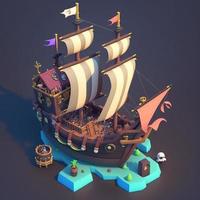 pirate navire 3d, poitrine et crâne sur le voiles, mignonne style. ai numérique illustration photo