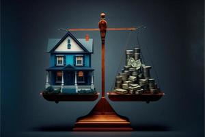 Balance avec maison sur un côté et argent sur le autre, Contexte. numérique illustration. ai photo