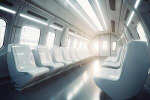 futuriste train intérieur à l'intérieur voir. futuriste train intérieur avec vide des places. génératif ai. photo